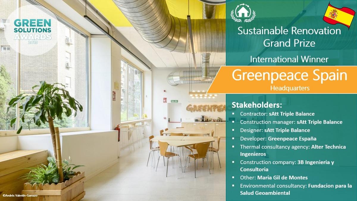 Greenpeace Spain Headquarters, exemplary renovation, Spain - Green Solutions Awards 2019 Winner